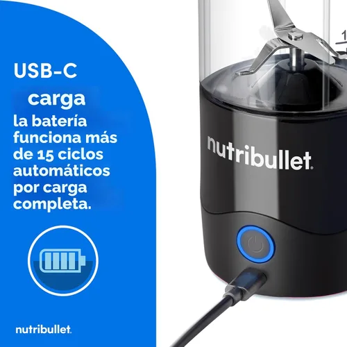 Vista 3 de NutriBullet Batidora portátil, sin cables, recipiente de 20oz, licuadora personal, recargable USB-C, negra, NBPB50100K
