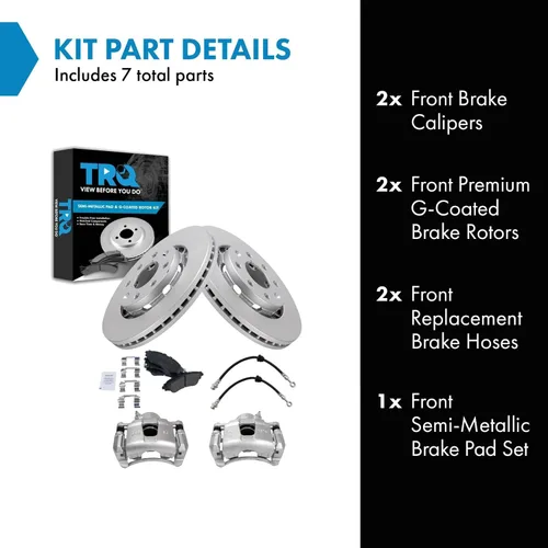 Vista 2 de TRQ Kit de pastillas de freno delantero y rotor, pinza de freno, manguera de freno, rotor de freno, semimetálico, revestimiento G, compatible