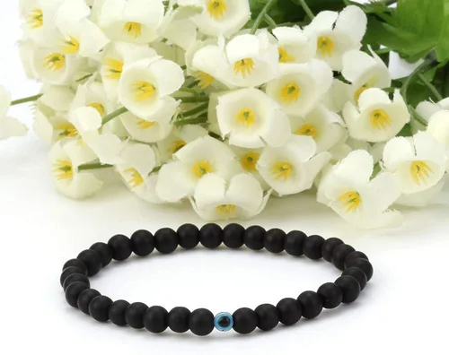 Vista 6 de Juego de 4 pulseras elásticas de cuentas de cristal turco contra el mal de ojo, amuleto de protección de hebras de cristal, amuleto de Fatima Hamsa
