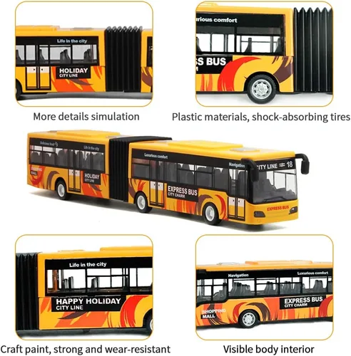 Vista 5 de Crelloci Autobús urbano de juguete para niños, vehículos de aleación fundida, autobús eléctrico articulado Metro con sonidos y luces, modelos