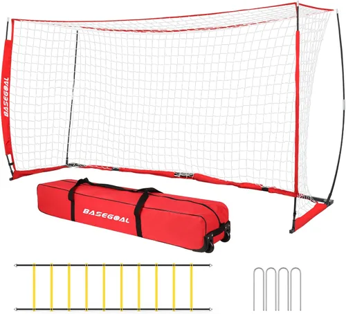 Vista 8 de BaseGoal Portería de Fútbol, Red de Fútbol, Porterías de Fútbol para Patio Trasero, con Marco de Lazo, Base Metálica Plegable y Escalera de Agilidad