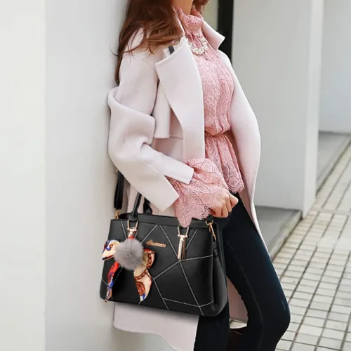 Vista 2 de Bolsos de cuero para mujer, bolso de hombro con asa superior, con pompón y lazo