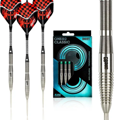Vista 10 de ONE80 - Dardo de punta de acero profesional de tungsteno 90% VHD, estilo barril con vuelos extra, ejes y sacapuntas, caja de regalo con empaque