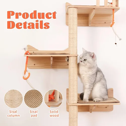 Vista 4 de Árbol para gatos montado en la pared, 7 estantes y perchas de pared para gatos con postes rascadores altos de sisal, árbol de escalada para gatos