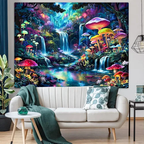 Vista 30 de Zussun Tapiz de hongo rojo, tapices de luna y estrella para dormitorio, estética de color beige, noche estrellada, planta verde, tapiz de pared