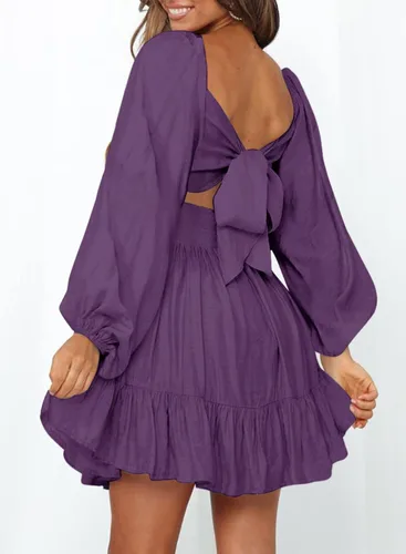 Vista 2 de Dokotoo Vestido largo para mujer, manga farol, cuello cuadrado, lazo sin espalda, vestido sexy con volantes, cintura elástica, acampanado, mini