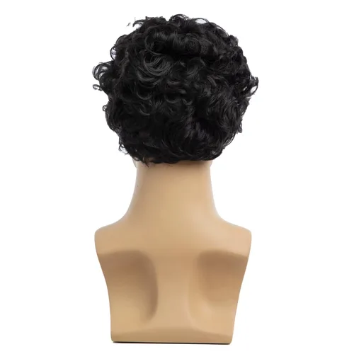 Vista 6 de Peluca negra corta y rizada para hombre, peluca sintética para cosplay, con gorra de peluca