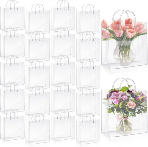 Vista 10 de LEIFIDE 50 bolsas de regalo de plástico transparente con asas, de PVC, reutilizables, transparentes, bolsas para dulces, escuela, fiesta
