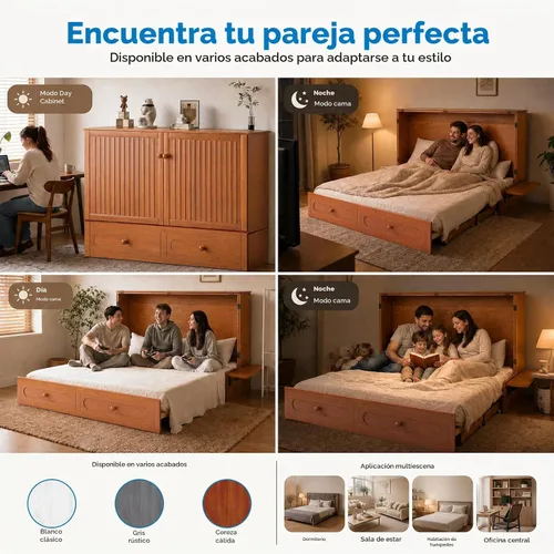 Vista 7 de Mjkone Armario de cama Queen Murphy con colchón de tres pliegues, color Cereza