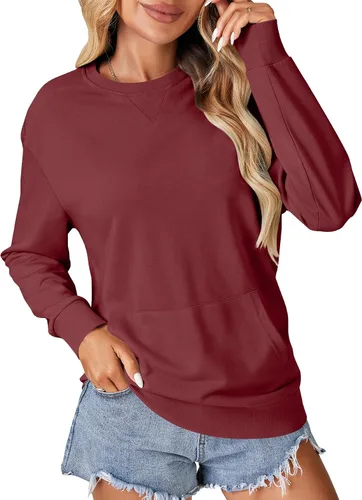 Vista 17 de OPOIPIN Suéter con bolsillo de manga larga y cuello redondo para mujer, estilo casual