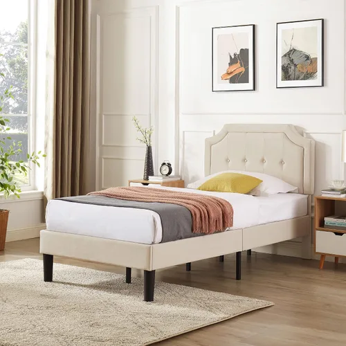 Vista 5 de VECELO - Base de cama tapizada con plataforma individual con cabecera ajustable de panel cosido con botones, fuerte soporte de listones de madera