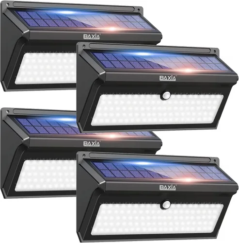 Vista 8 de Luces solares para exteriores, impermeables, 100 luces LED con sensor de movimiento solar con gran angular súper brillantes luces de pared