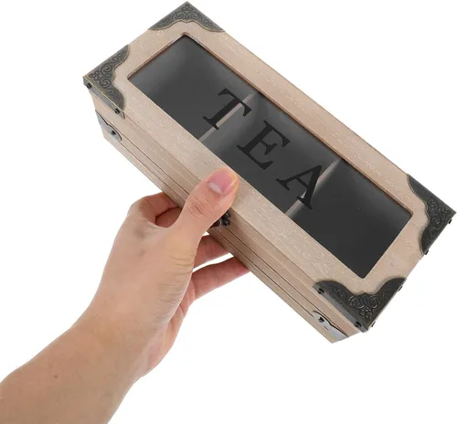 Vista 4 de Wood Tea Bag Storage Chest with Lid, 3 Compartments Organizer Box