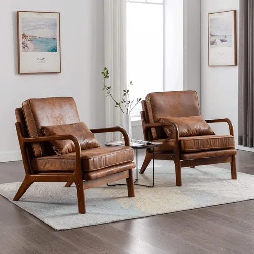 Vista 10 de Deolme Silla de Acento Moderna de Mediados de Siglo para Sala de Estar - Cómoda Silla con Brazo de Madera Maciza con Almohada Lumbar, Silla Lateral