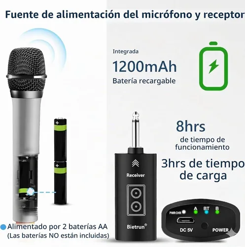 Vista 4 de Bietrun - Micrófonos inalámbricos con eco, agudos, graves y Bluetooth, rango de 160 pies, sistema de micrófono dinámico de mano UHF portátil