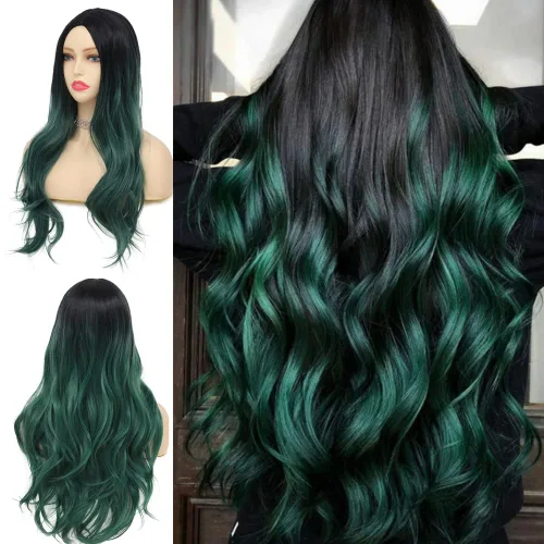 Vista 17 de Tseses Pelucas largas y onduladas de color azul degradado para mujer, pelucas de cabello sintético con raíces oscuras, cosplay, fiesta de Halloween