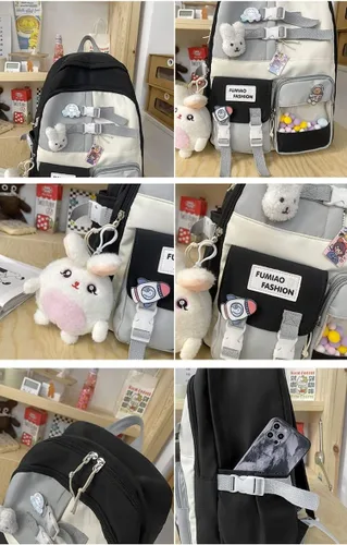 Vista 5 de Mochila Kawaii con pines Kawaii y accesorios mochila para laptop de 17 pulgadas para adolescentes mochila escolar para niños primaria B-Azul L