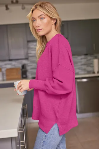Vista 133 de Lillusory - Suéter extragrande con mangas de murciélago y cuello redondo para mujer, prenda moderna de otoño de tejido de punto sin botones