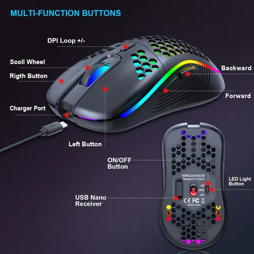 Vista 6 de JYCSTE Ratón inalámbrico para juegos, mouse ergonómico de computadora recargable, diseño de panal con retroiluminación RGB, receptor USB, 6 botones