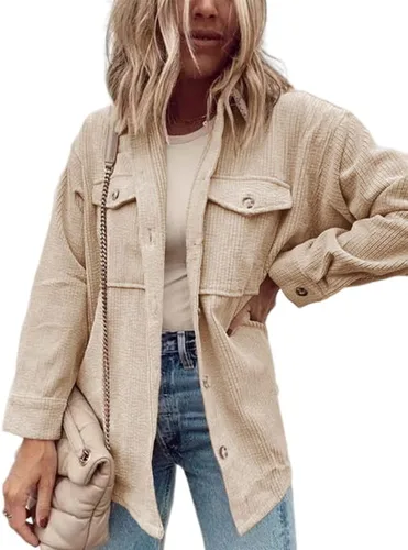 Vista 2 de Cnkwei Chaqueta de pana con botones para mujer, casual, manga larga, con bolsillos en el pecho