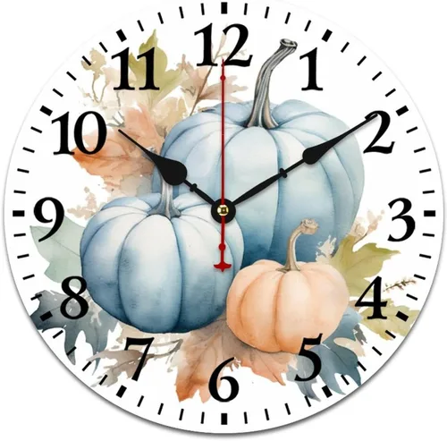 Vista 14 de Reloj de pintura de tinta acuarela amarillo verde calabazas hojas redondo creativo reloj decorativo sin tictac Acción de Gracias o Halloween reloj