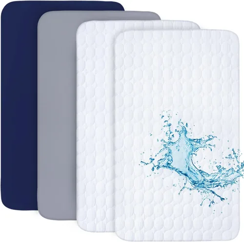 Vista 12 de Pack and Play - Juego de sábanas y protectores de colchón, paquete de 4, color gris 4-Piece Set: 2 Waterproof Quilted Covers + 2 Soft Sheets, Fits