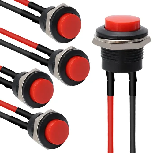 Vista 8 de STARELO 5 piezas de interruptor de botón momentáneo redondo de 16 mm SPST 3A AC250V/6A AC125V 2Pin 1NO con cable presoldado R13-507 (negro).