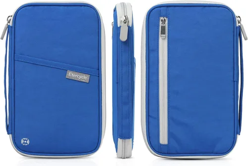 Vista 5 de Etercycle Fundas de pasaporte con bloqueo RFID, cartera de viaje familiar para parejas, mujeres y hombres, Azul, Moderno