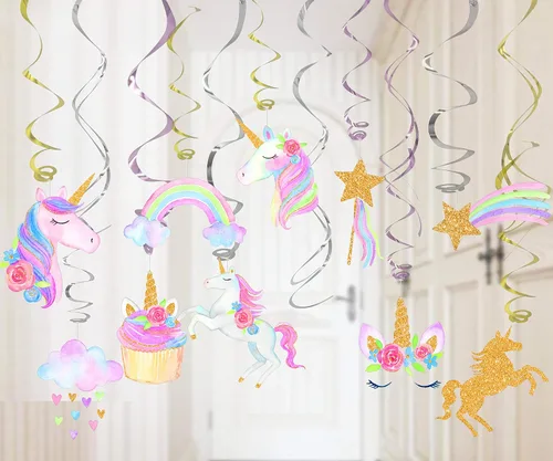 Vista 4 de Decoración de 30 unidades con diseño de unicornio para colgar, para fiestas, cumpleaños.