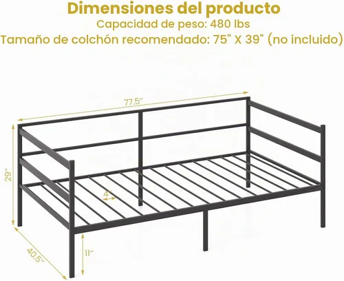 Vista 2 de KOMFOTT Marco de sofá cama de metal tamaño individual, plataforma de soporte de listones de metal resistente, sofá cama con almacenamiento,
