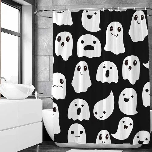 Vista 2 de Cortina de ducha fantasma de Halloween de 72 x 72 pulgadas, espeluznante y divertida, iconos de fantasmas de dibujos animados, tela blanca y negra, 1
