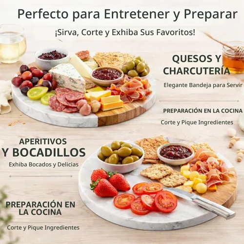 Vista 7 de Tabla de mármol blanco - Tabla de quesos Bandeja de madera de acacia para charcutería, queso, carnes, frutas, galletas Tabla de cortar, bandeja