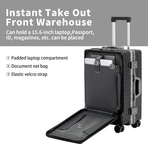 Vista 2 de Equipaje de mano aprobado por aerolíneas con compartimento para laptop, equipaje multifuncional de marco de aluminio de 20 pulgadas con puerto