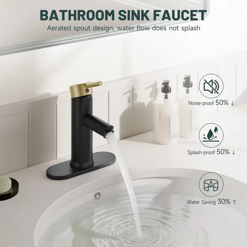 Vista 3 de Grifos de baño negros y dorados de 1 agujero, un solo mango, grifo de lavabo de baño moderno comercial con placa de cubierta, drenaje desplegable