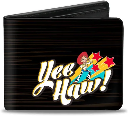Vista 6 de Buckle-Down Billetera de Disney para hombre, plegable, Toy Story Jessie Yee Haw Pose Stars de grano de madera, cuero vegano, 4.0 x 3.5 pulgadas, Toy