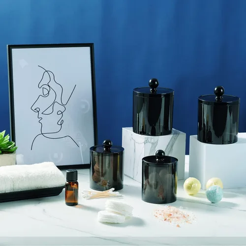Vista 5 de SheeChung Paquete de 2 tarros pequeños de plástico transparente para boticario de 10 onzas – Soporte dispensador Qtip para almacenamiento de tocador