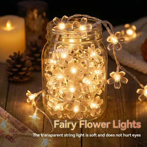 Vista 6 de ITICdecor Guirnalda de luces de flores de 15 pies, 30 luces LED de hadas de Navidad con pilas, para interiores y exteriores, iluminación
