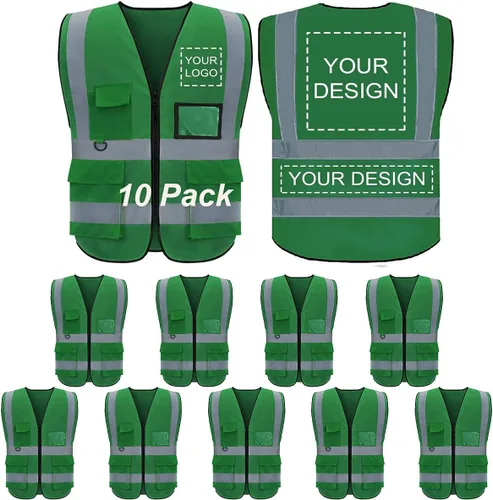 Vista 45 de Chaleco Reflectante Clase 2 de Seguridad ANSI con Bolsillos y Cremallera de Alta Visibilidad Uniforme de Construcción K-verde-1pack-custom