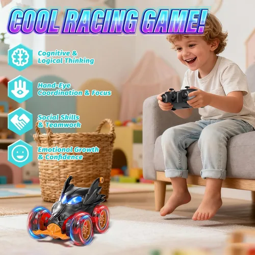 Vista 4 de Bat - Autos de control remoto para niños de 4 a 7 años, 2.4 GHz recargable a control remoto con luces frías, juguetes de regalo para niños de 4, 5