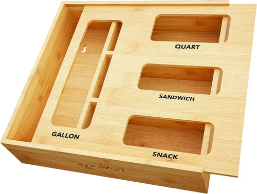 Vista 9 de SpaceAid Organizador de bolsas para cajón de cocina, de bambú, compatible con galón, cuarto de galón, sándwiches y aperitivos, para bolsas de 4