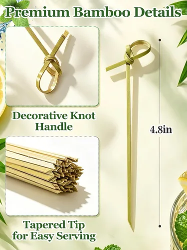 Vista 5 de 500 piezas de pinchos de bambú 4.8 '' palillos de dientes biodegradables naturales para aperitivo Looped Knot Cocktail Picks for Wedding Holiday
