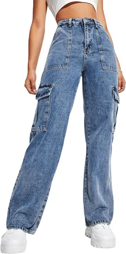 Vista 3 de SweatyRocks Pantalones de jeans tipo cargo, de cintura alta, para mujer, con bolsillo con solapa y pierna ancha