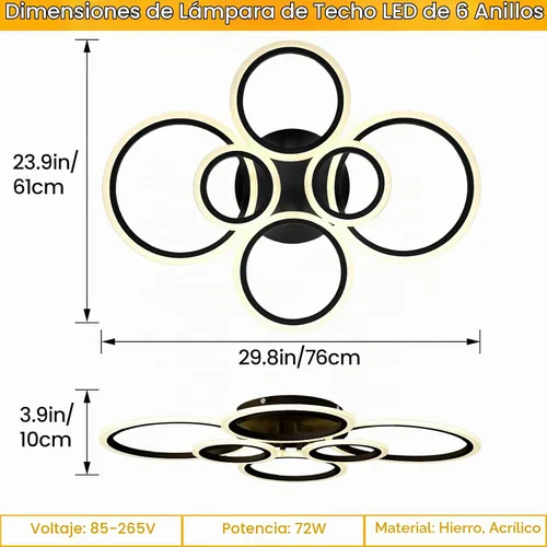Vista 5 de Moderna lámpara LED de techo de 29.8 pulgadas, 72 W, 6000 lúmenes, 3000-6500 K, regulable con control remoto, lámpara de techo empotrada para Negro