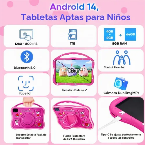 Vista 4 de Tablet para Niños MengDash, Tablet de 10.1 Pulgadas para Niños de 3-10 Años, Tablet Educativa para Niños Pequeños Android 14, 8GB RAM+64GB ROM Rojo
