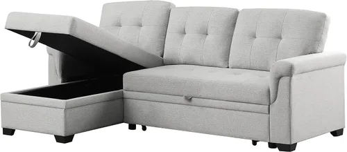 Vista 2 de Moderno sofá modular convertible con diván de almacenamiento reversible, sofá cama extraíble de lino tapizado de 84 pulgadas, sofá esquinero