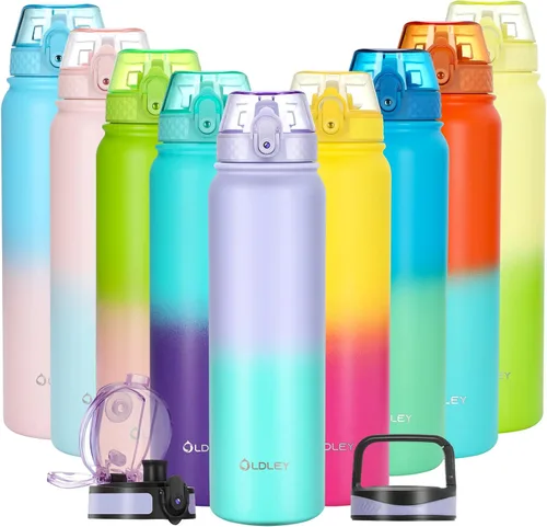 Vista 30 de Oldley Botella de Agua Aislada con Pajilla de 20oz, Botellas de Agua de Acero Inoxidable con 3 Tapas, Aislamiento al Vacío de Doble Pared Térmica