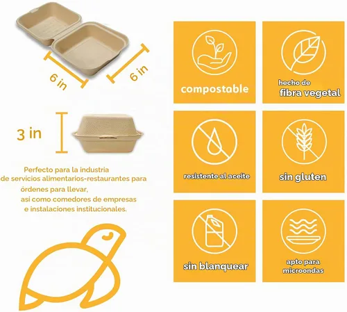 Vista 2 de Recipientes desechables 100% compostables con tapas [6 x 6 pulgadas paquete de 50 unidades] Recipientes ecológicos para llevar, resistentes