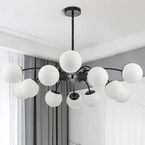 Vista 17 de Lámpara de araña Sputnik de 12 luces, color negro con burbujas de vidrio de leche Luces de techo semi empotradas, acento de flor, Art Deco