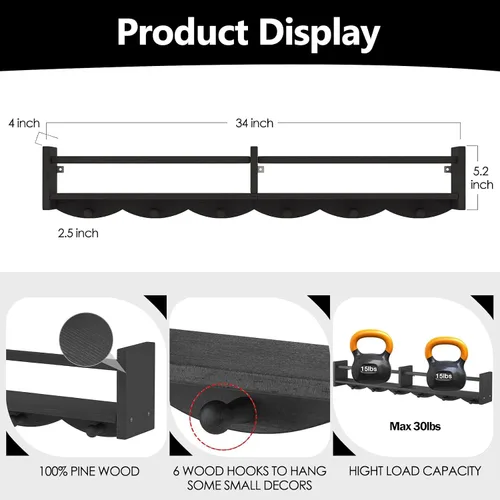 Vista 3 de Estantería de guardería de 34 pulgadas, juego de 4, estante flotante de pared para niños con 6 ganchos, estante colgante para decoración de Negro