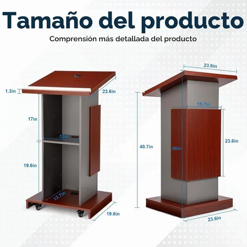 Vista 2 de Soporte de podio de madera con ruedas+soporte de micrófono ajustable, podio portátil de oficina móvil para conferencias, podio de conferencias